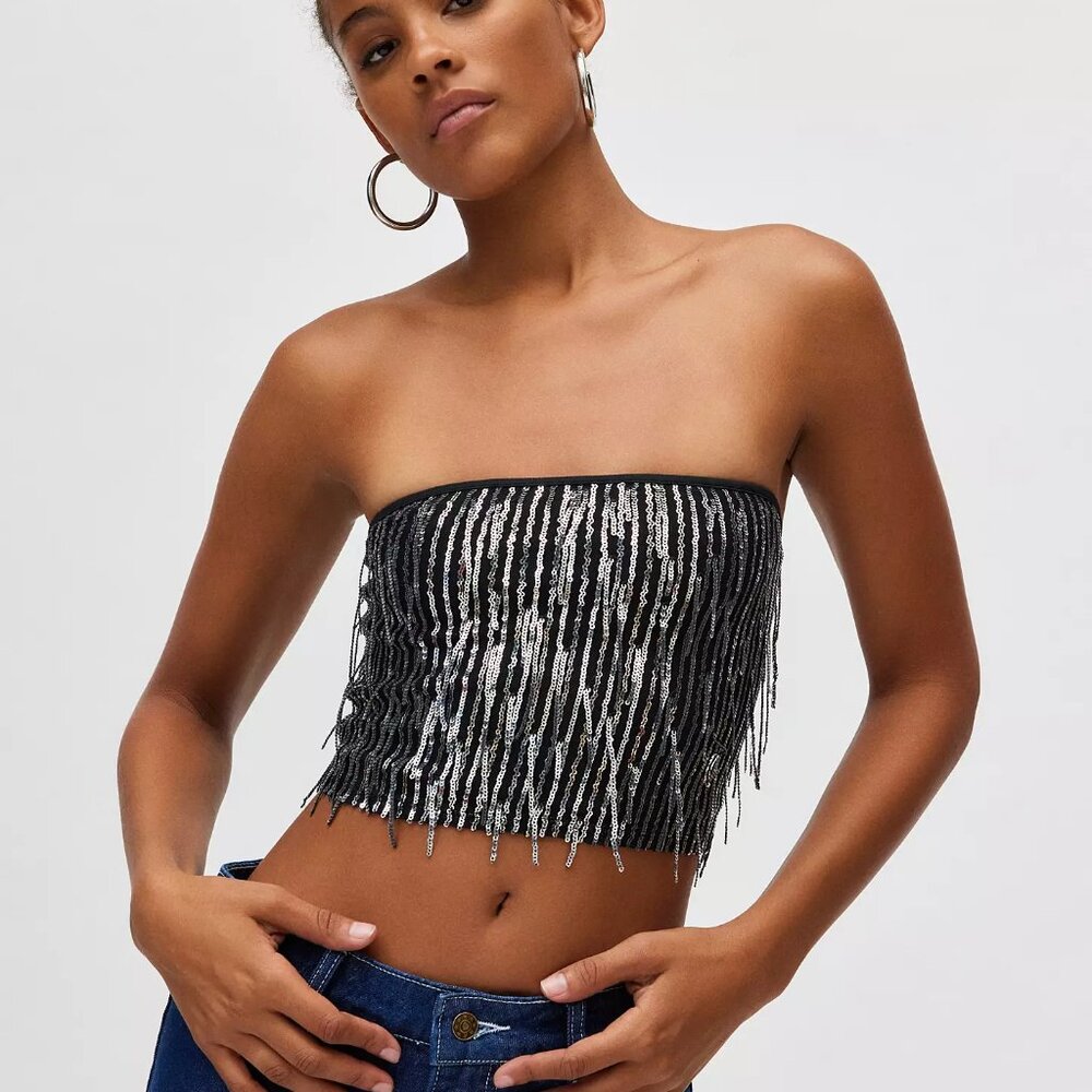Silence + Noise Mira Fringe Sequin Tube Top